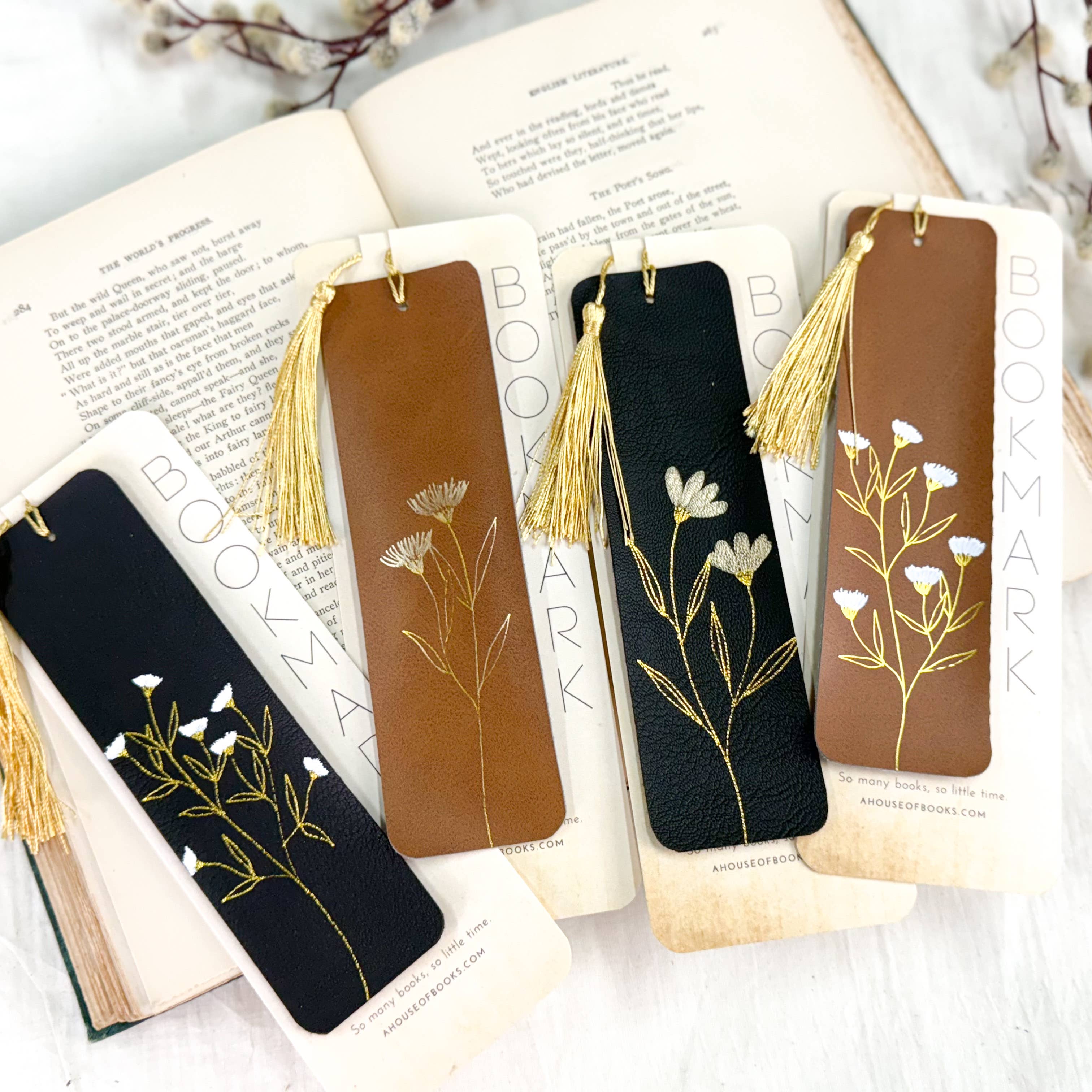 Floral Faux Leather Tassel Bookmarks