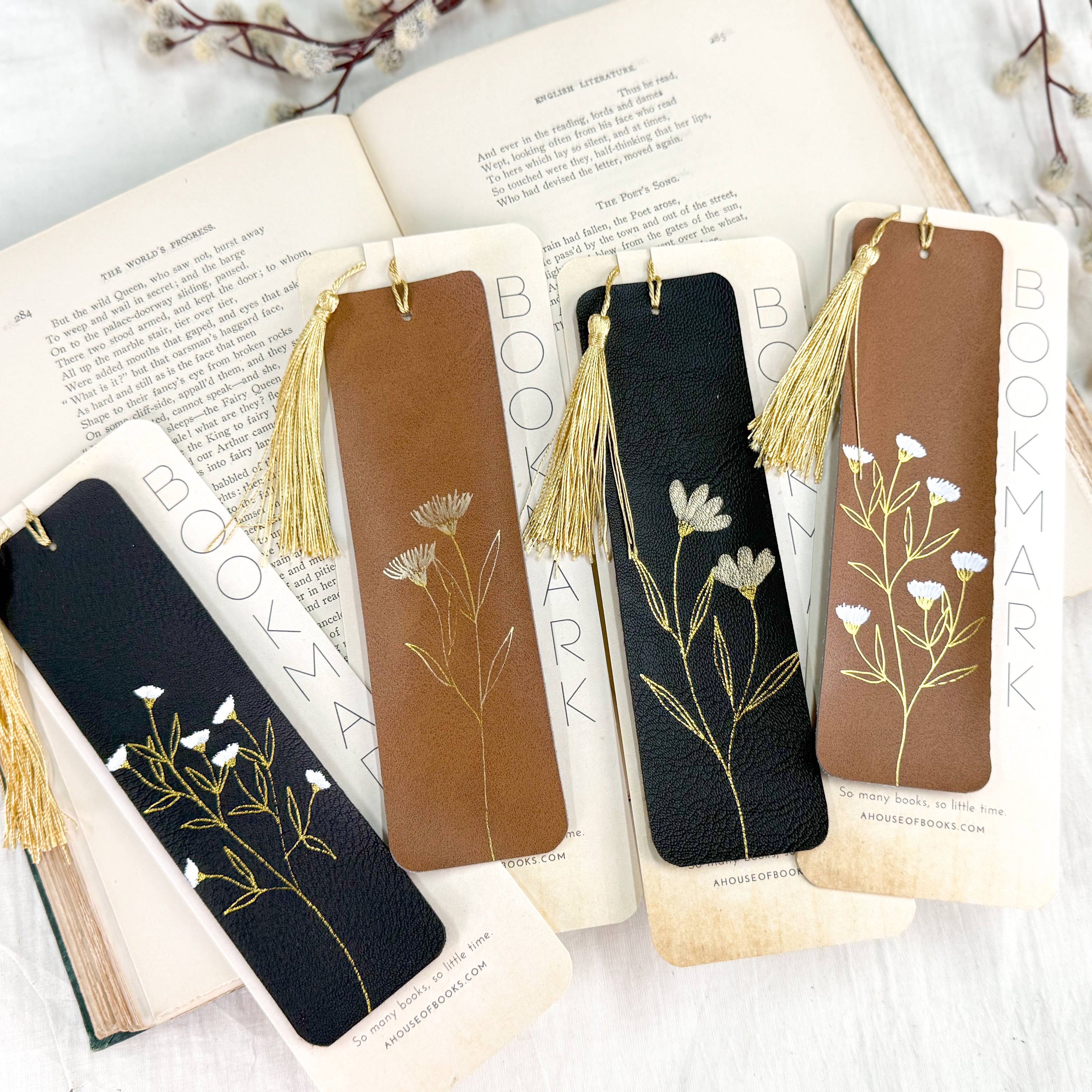 Floral Faux Leather Tassel Bookmarks