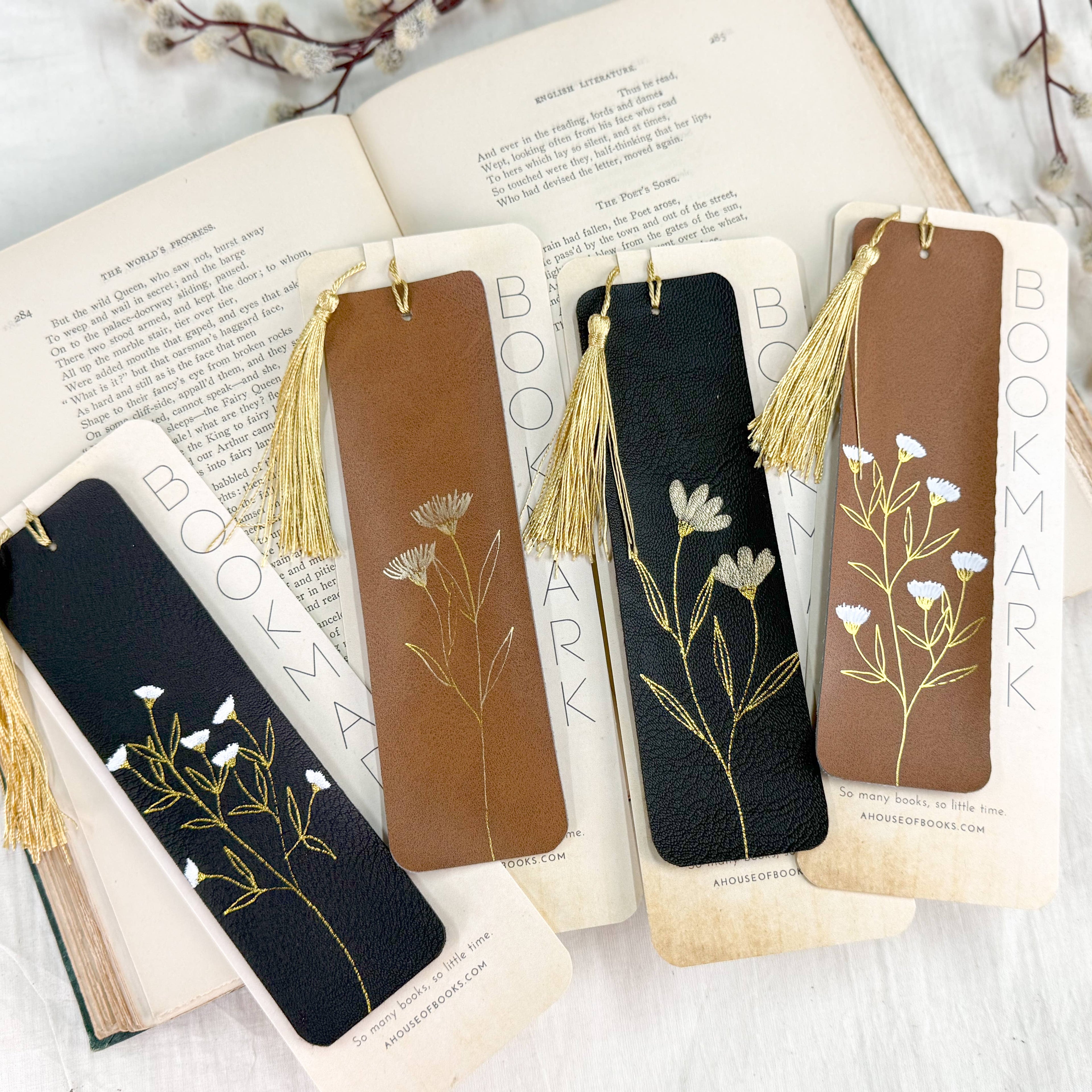 Floral Faux Leather Tassel Bookmarks