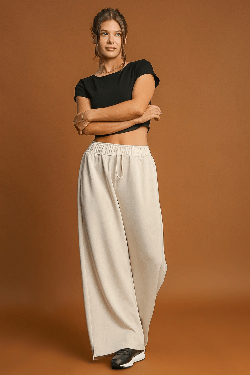 Apricot Loop Drawstring Elastic Waistband Casual Wide Leg Pants - Raelynns&Co