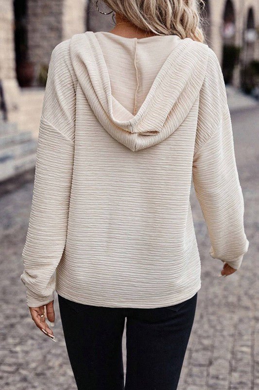 Apricot Solid Textured Drawstring Henley Hoodie - RaeLynns Boutique