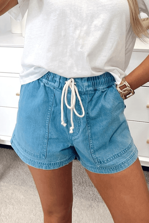 Beau Blue Contrast Drawstring Elastic Waistband Denim Shorts - Raelynns&Co