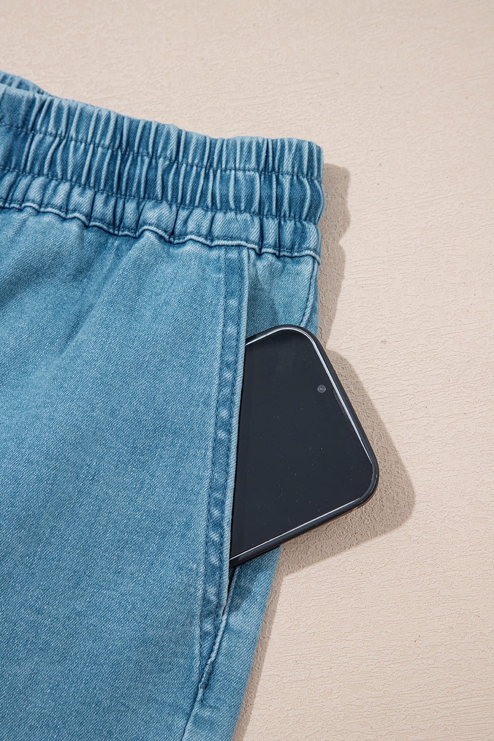 Beau Blue Contrast Drawstring Elastic Waistband Denim Shorts - Raelynns&Co