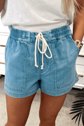 Beau Blue Contrast Drawstring Elastic Waistband Denim Shorts - Raelynns&Co