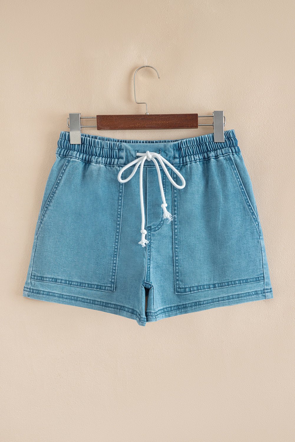 Beau Blue Contrast Drawstring Elastic Waistband Denim Shorts - Raelynns&Co