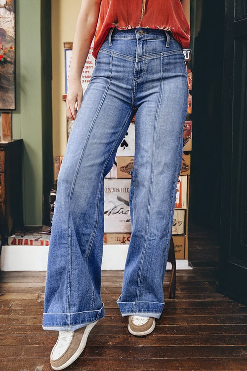 Beau Blue Tailored Center Seam Detail Straight Loose High Rise Jeans - Raelynns&Co