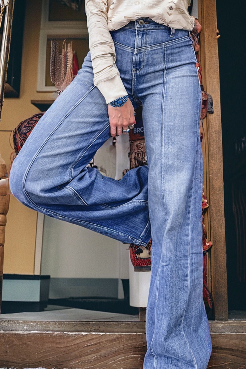 Beau Blue Tailored Center Seam Detail Straight Loose High Rise Jeans - Raelynns&Co