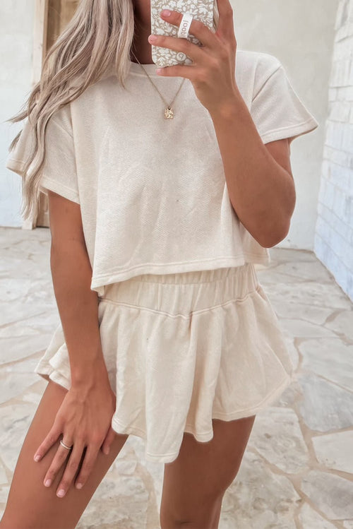 Beige 2pcs Cropped Tee and Ruffle High Waist Skort Set - Raelynns&Co