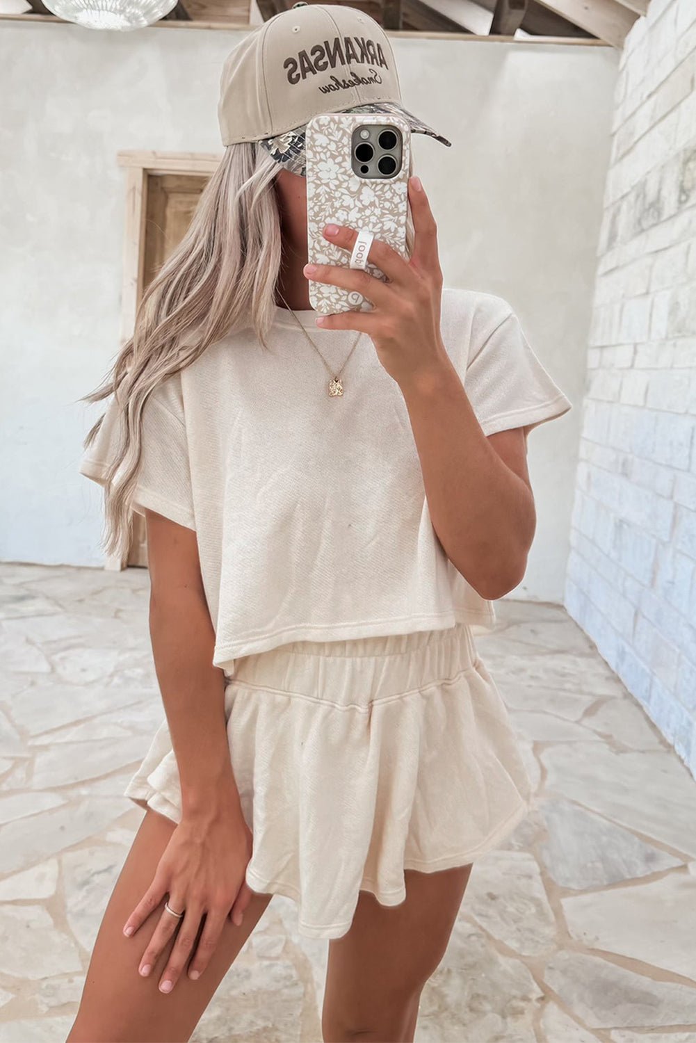 Beige 2pcs Cropped Tee and Ruffle High Waist Skort Set - Raelynns&Co