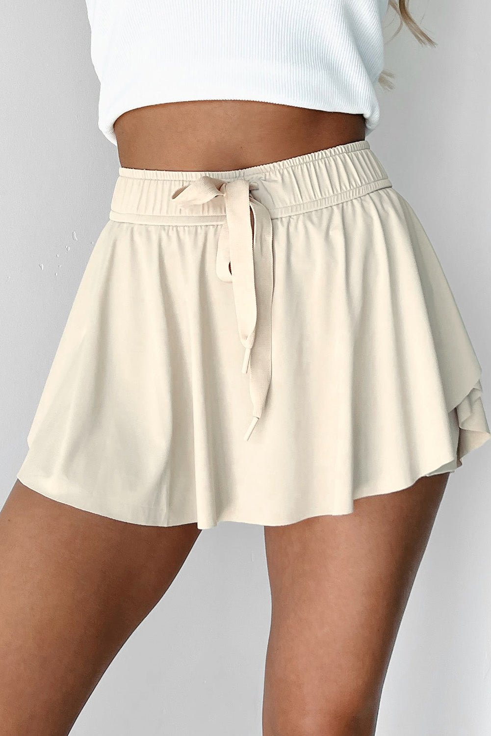 Beige Drawstring Elastic Waistband Lined Tennis Skorts - Raelynns&Co