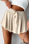 Beige Drawstring Elastic Waistband Lined Tennis Skorts - Raelynns&Co
