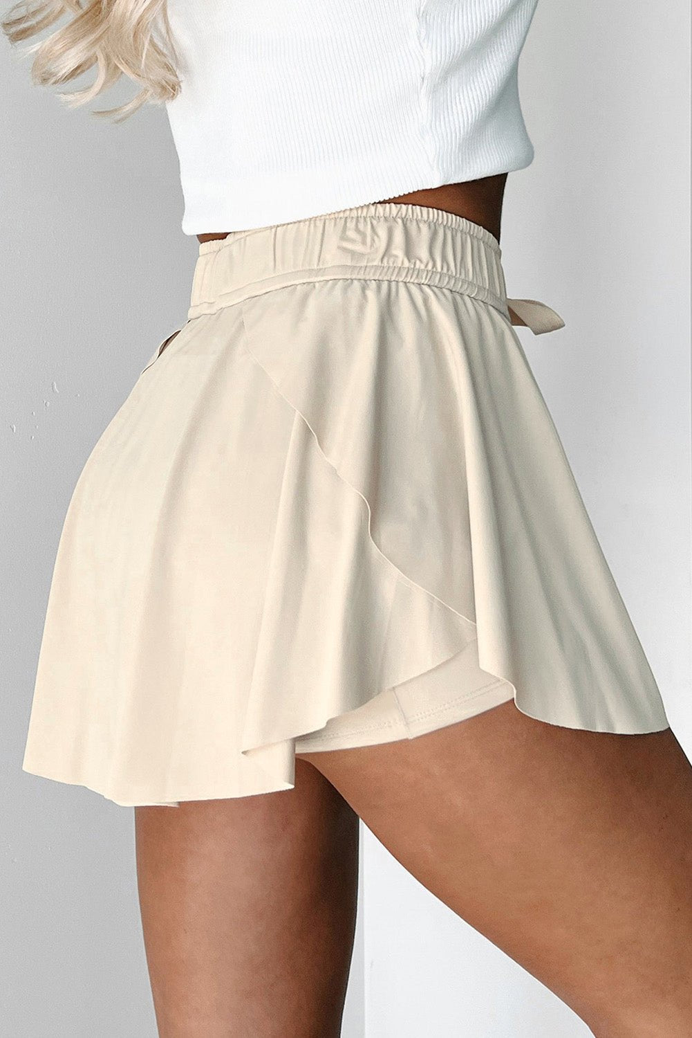 Beige Drawstring Elastic Waistband Lined Tennis Skorts - Raelynns&Co