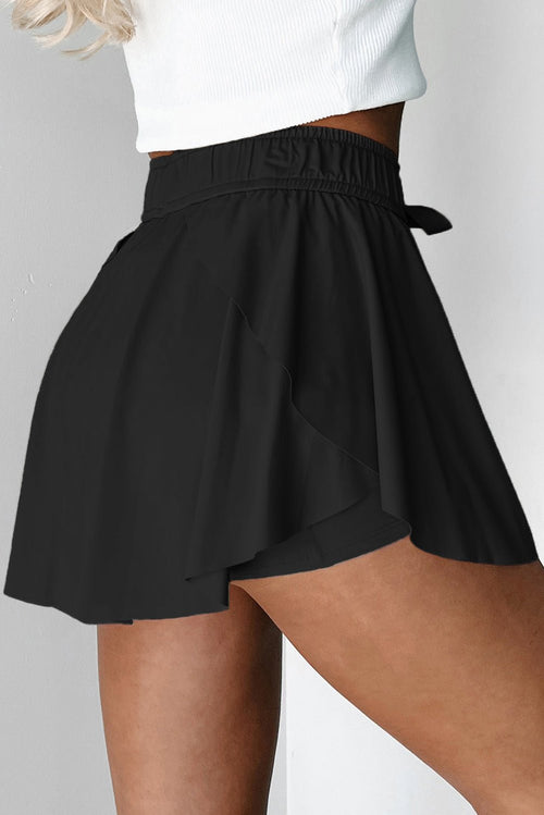 Black Drawstring Elastic Waistband Lined Tennis Skorts - Raelynns&Co