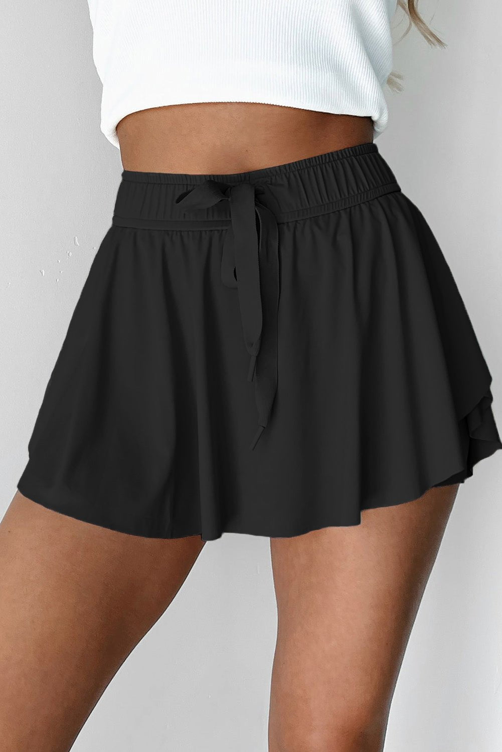 Black Drawstring Elastic Waistband Lined Tennis Skorts - Raelynns&Co