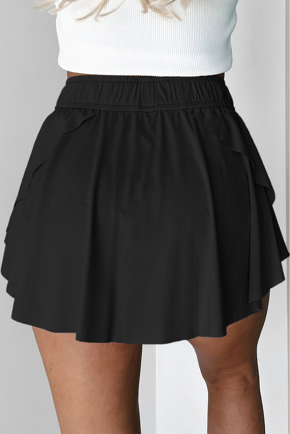 Black Drawstring Elastic Waistband Lined Tennis Skorts - Raelynns&Co