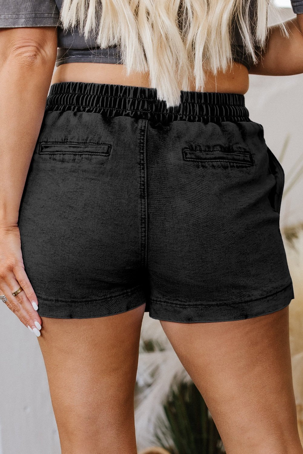 Black Drawstring Elastic Waistband Pocketed Denim Shorts - Raelynns&Co