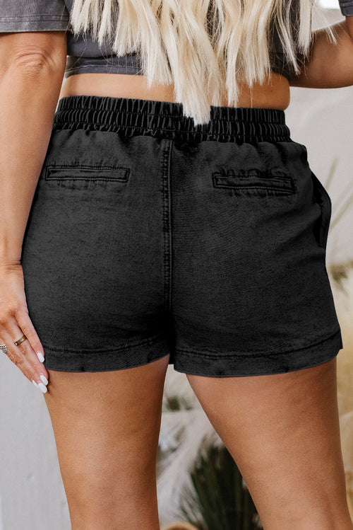 Black Drawstring Elastic Waistband Pocketed Denim Shorts - Raelynns&Co