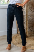 Black Ribbed Drawstring Active Jogger Pants - Raelynns&Co