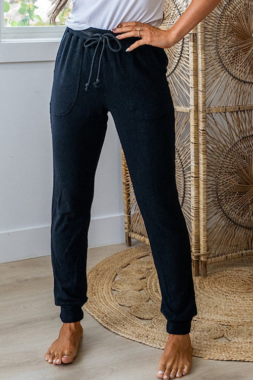 Black Ribbed Drawstring Active Jogger Pants - Raelynns&Co