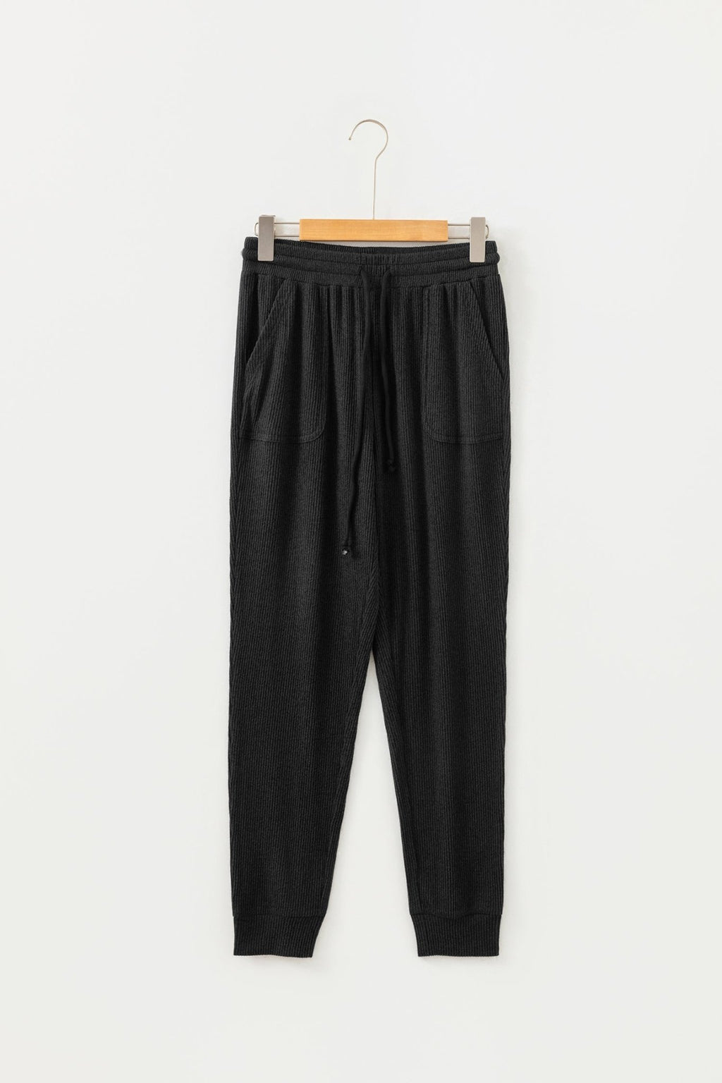 Black Ribbed Drawstring Active Jogger Pants - Raelynns&Co