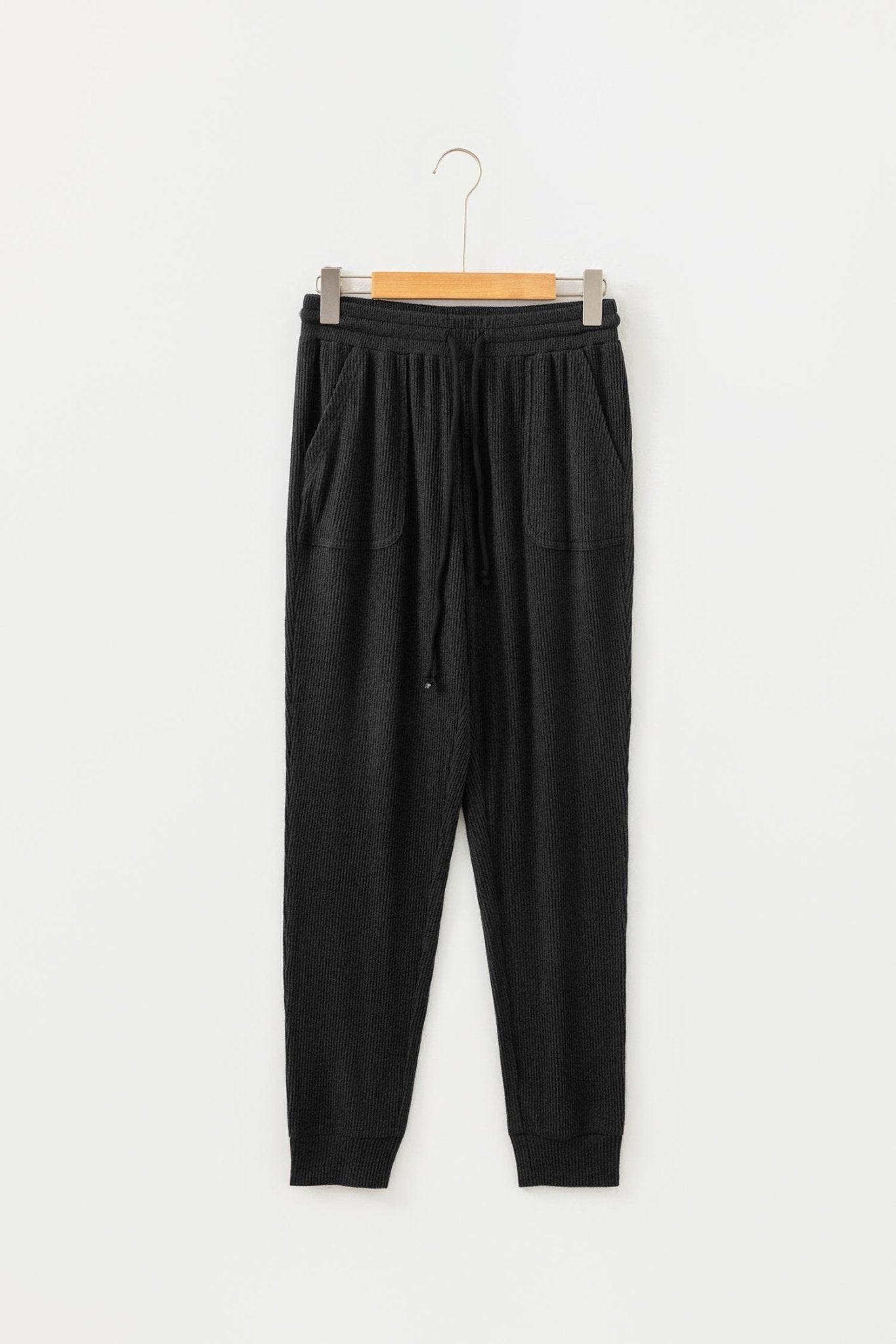 Black Ribbed Drawstring Active Jogger Pants - Raelynns&Co