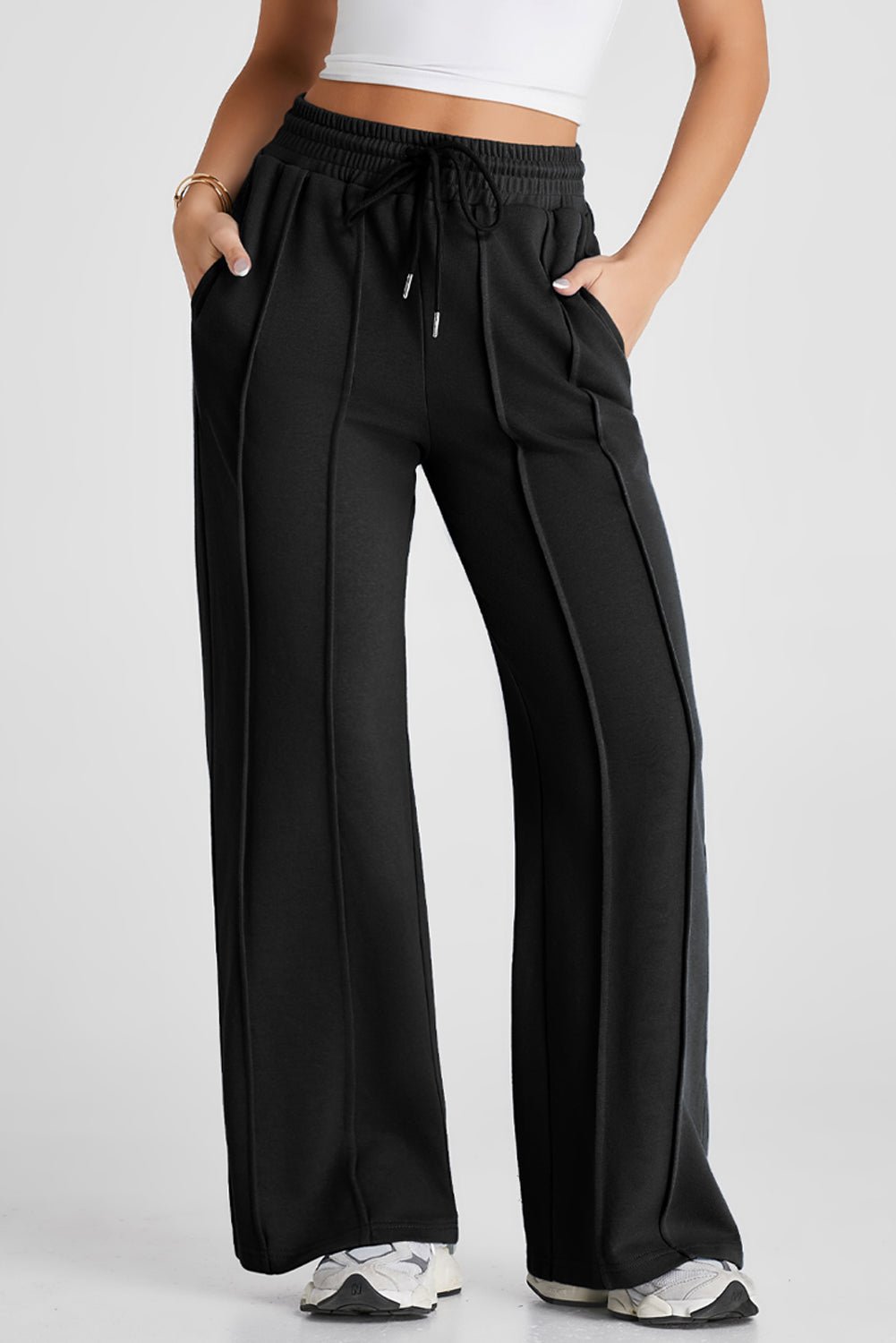 Black Seamed Drawstring High Waist Wide Leg Sweatpants - Raelynns&Co