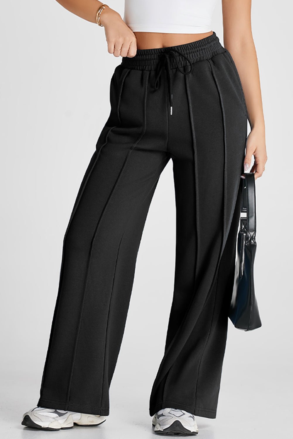 Black Seamed Drawstring High Waist Wide Leg Sweatpants - Raelynns&Co