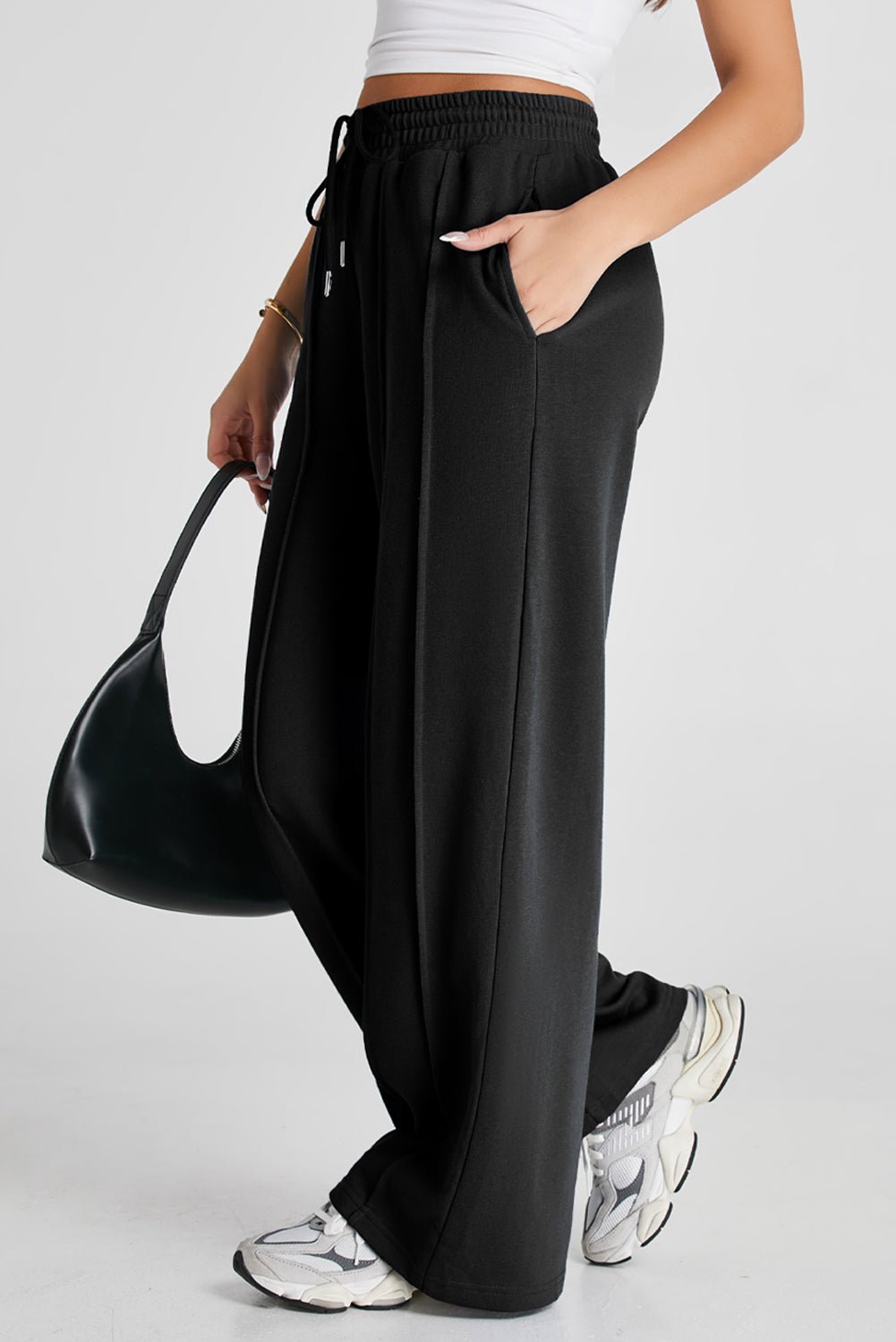 Black Seamed Drawstring High Waist Wide Leg Sweatpants - Raelynns&Co