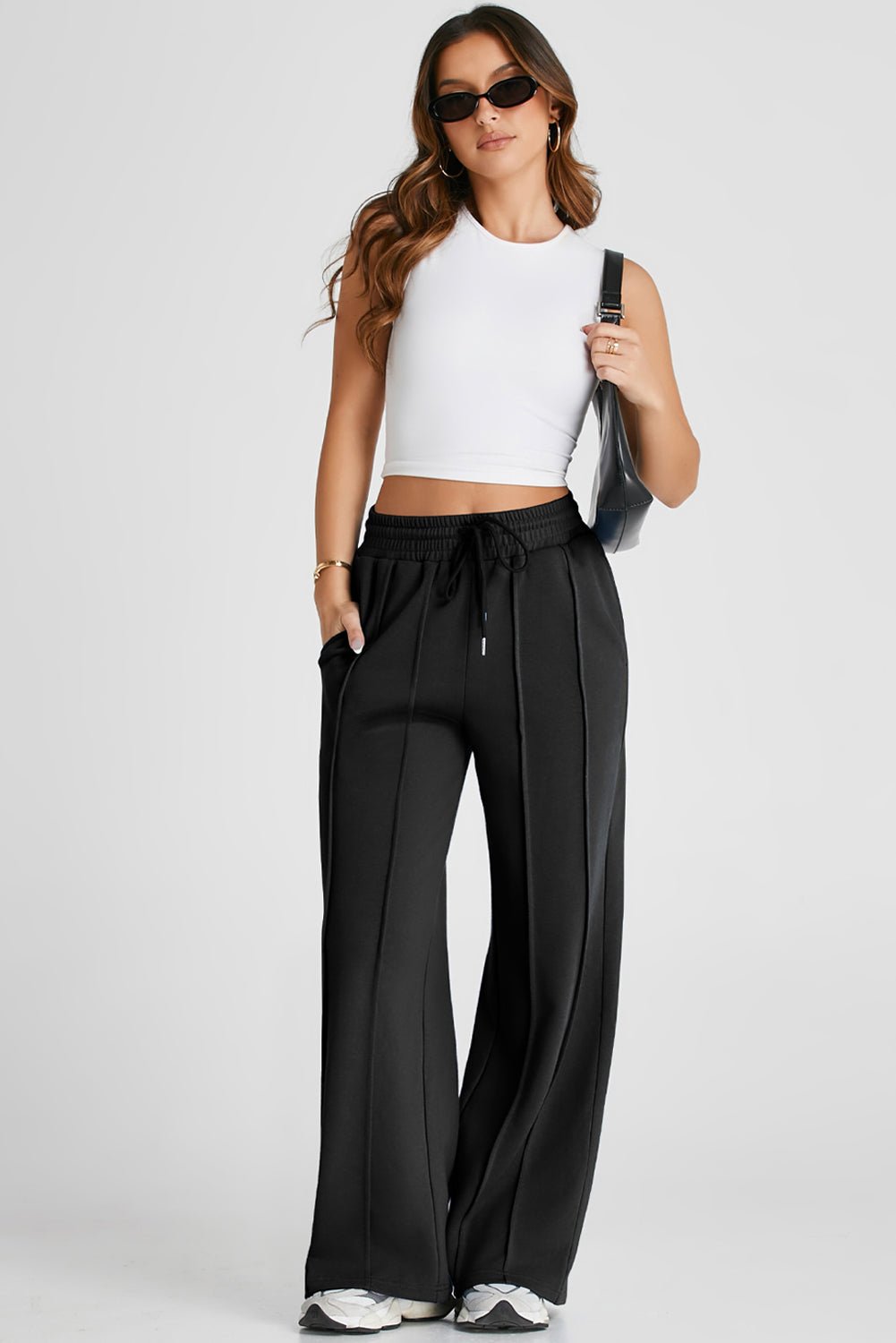 Black Seamed Drawstring High Waist Wide Leg Sweatpants - Raelynns&Co