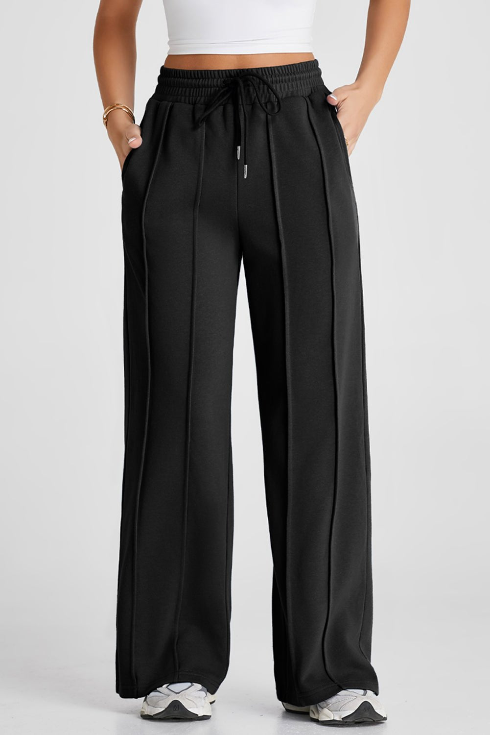 Black Seamed Drawstring High Waist Wide Leg Sweatpants - Raelynns&Co
