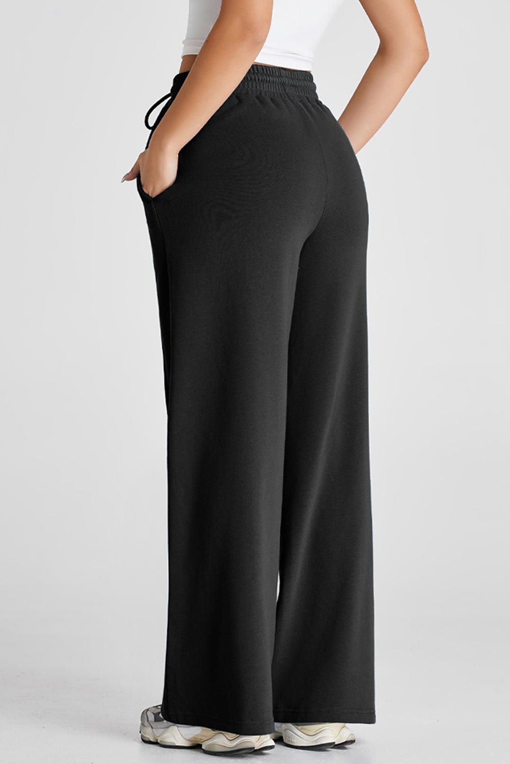 Black Seamed Drawstring High Waist Wide Leg Sweatpants - Raelynns&Co