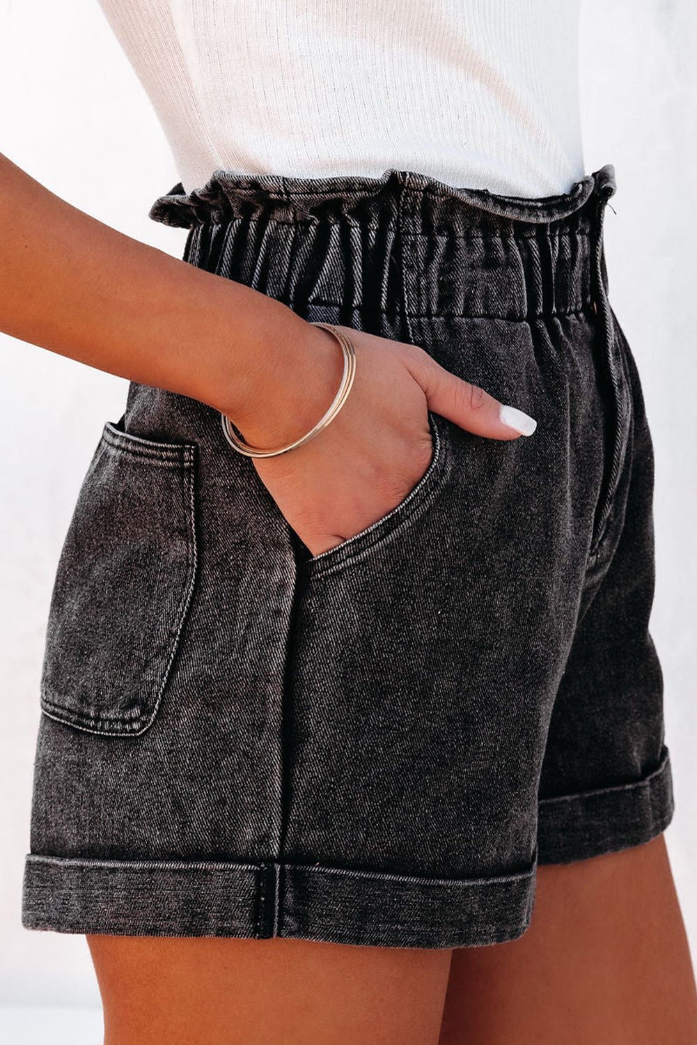 Black Vintage Washed Frilled High Waist Denim Shorts - Raelynns&Co