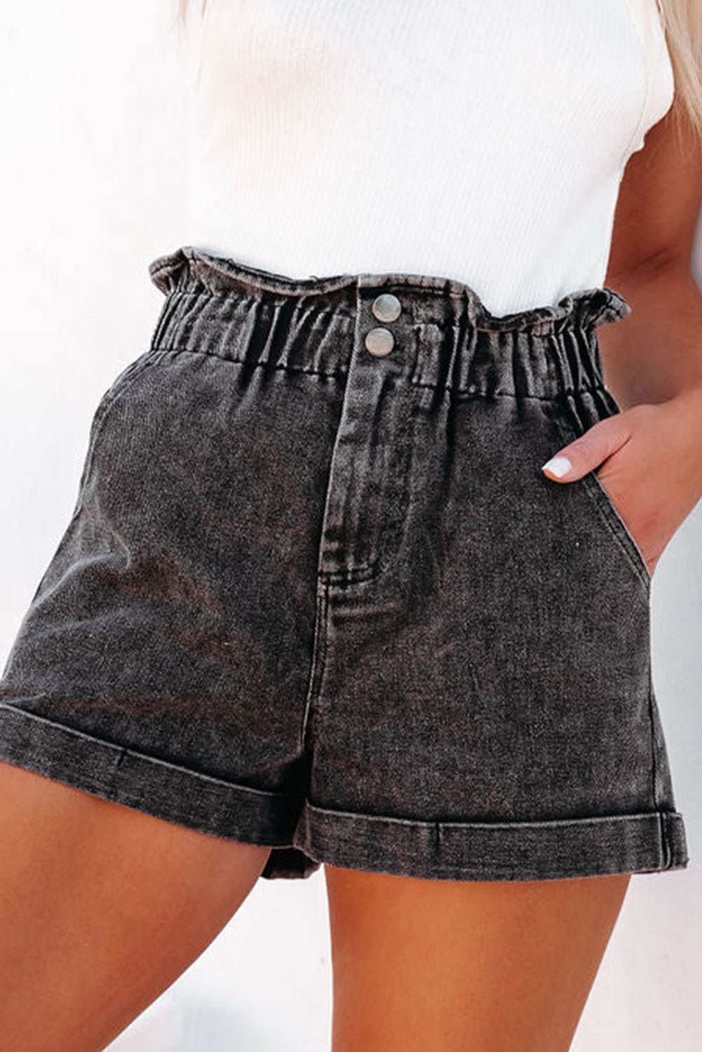 Black Vintage Washed Frilled High Waist Denim Shorts - Raelynns&Co