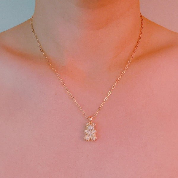Bling Bear Pendant Necklace - Paved Teddy Bear Pen - RaeLynns Boutique