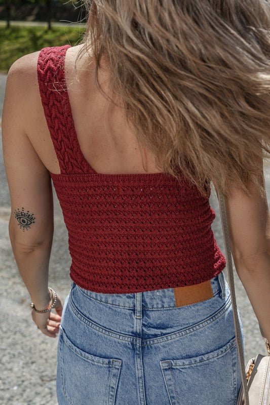 Burgundy Cable Knit Pointelle V Neck Sweater Vest - RaeLynns Boutique