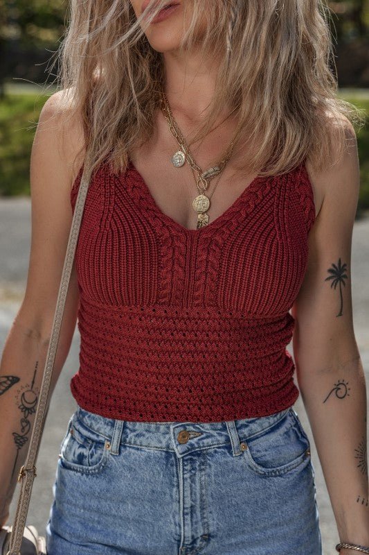 Burgundy Cable Knit Pointelle V Neck Sweater Vest - RaeLynns Boutique