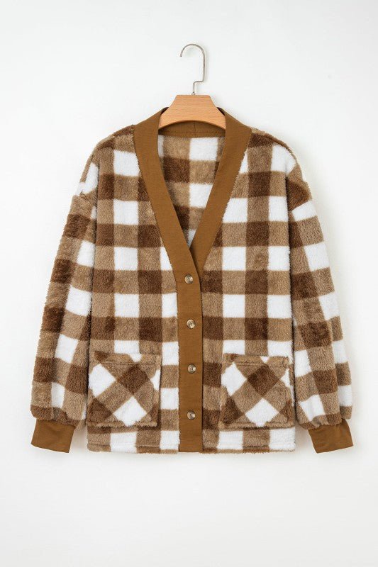 Checker Sherpa Button - Up Pocketed Cardigan - RaeLynns Boutique