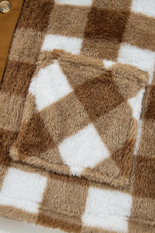 Checker Sherpa Button - Up Pocketed Cardigan - RaeLynns Boutique