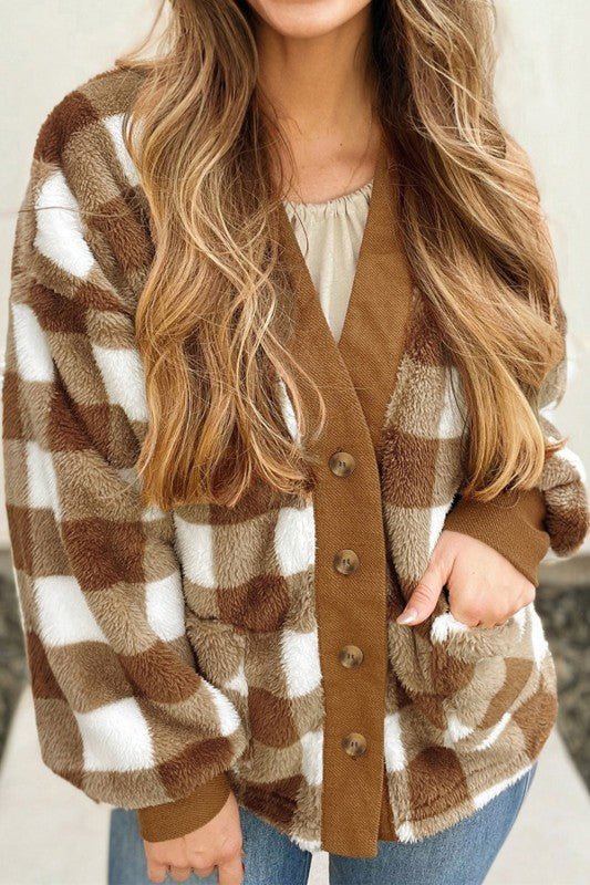 Checker Sherpa Button - Up Pocketed Cardigan - RaeLynns Boutique