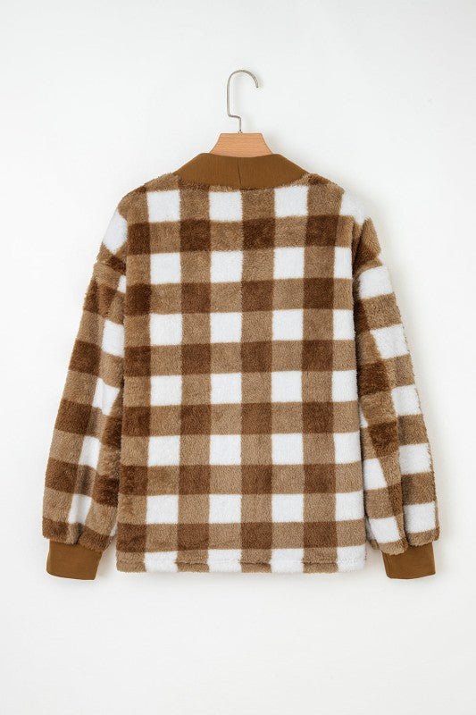 Checker Sherpa Button - Up Pocketed Cardigan - RaeLynns Boutique