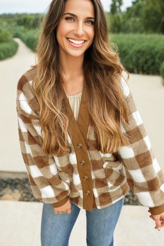 Checker Sherpa Button - Up Pocketed Cardigan - RaeLynns Boutique