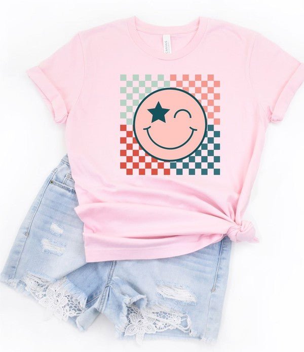 Checkered Colorful Smiley Face Crew Tee - RaeLynns Boutique