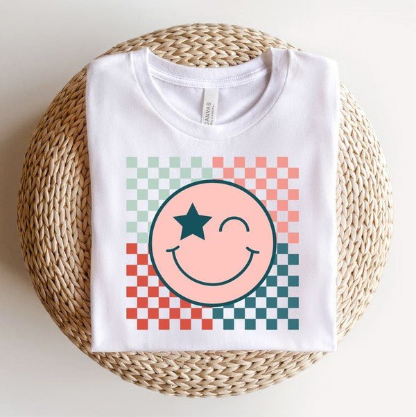 Checkered Colorful Smiley Face Crew Tee - RaeLynns Boutique