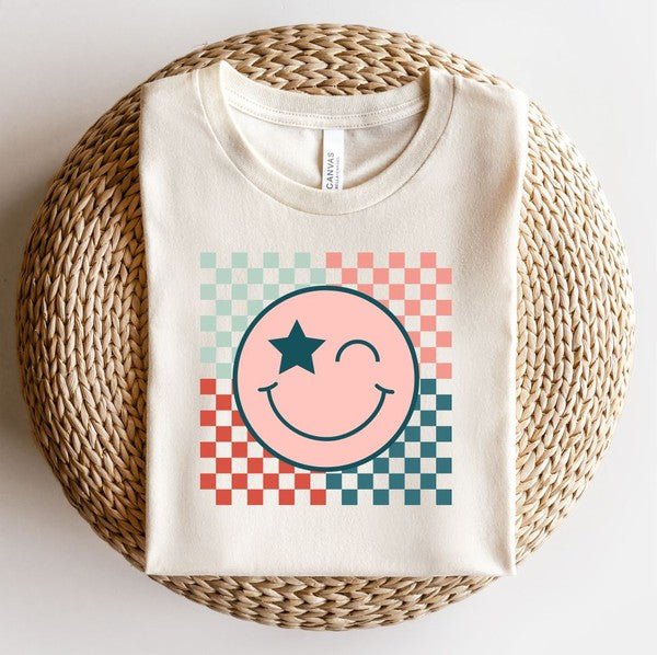 Checkered Colorful Smiley Face Crew Tee - RaeLynns Boutique