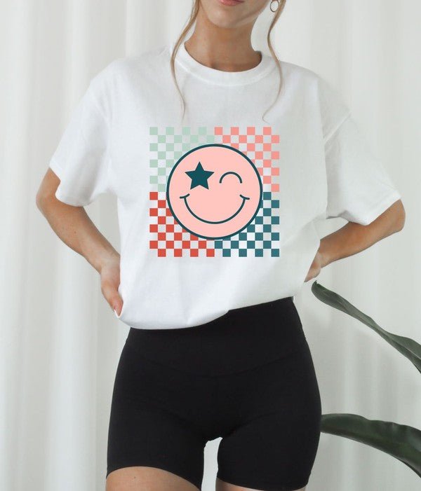 Checkered Colorful Smiley Face Crew Tee - RaeLynns Boutique