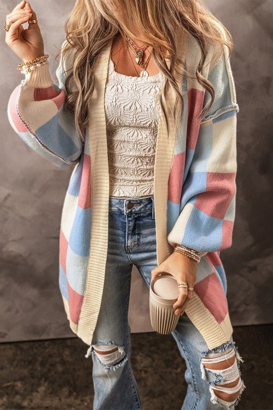 Checkered Drop Shoulder Seam Open Front Cardigan - RaeLynns Boutique