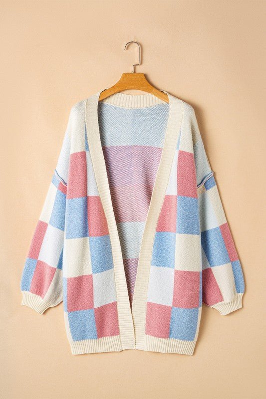Checkered Drop Shoulder Seam Open Front Cardigan - RaeLynns Boutique