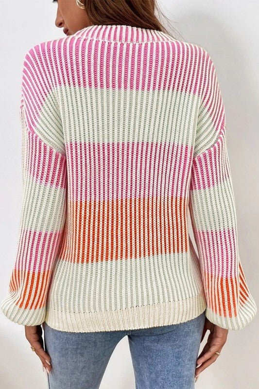 Colorblock Textured Knit Bubble Sleeve Sweater - RaeLynns Boutique