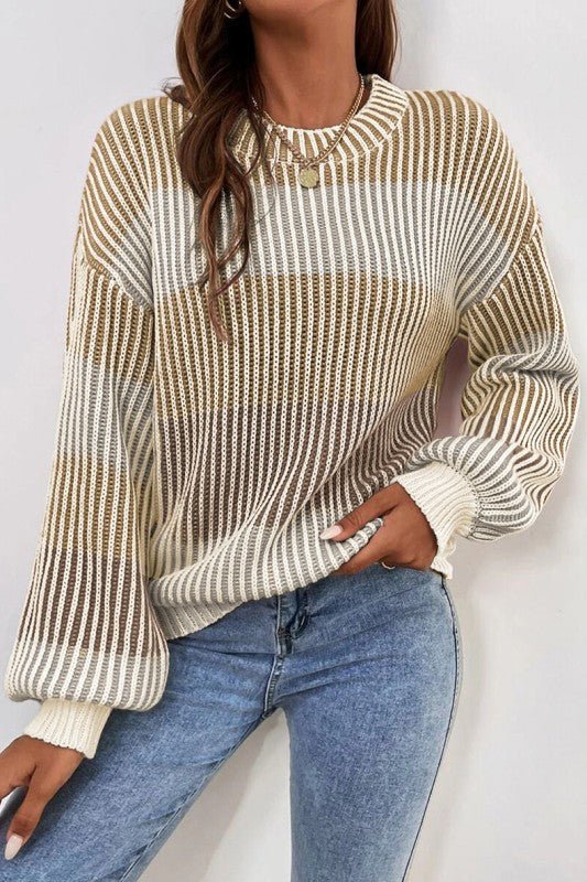 Colorblock Textured Knit Bubble Sleeve Sweater - RaeLynns Boutique