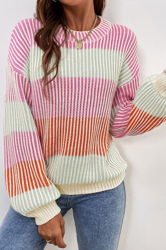 Colorblock Textured Knit Bubble Sleeve Sweater - RaeLynns Boutique